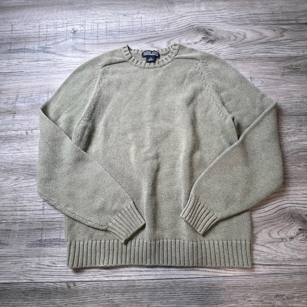 Lands End Crewneck Sweater Womens S 6-8 Sage Green Raglan Cotton Knit Pullover